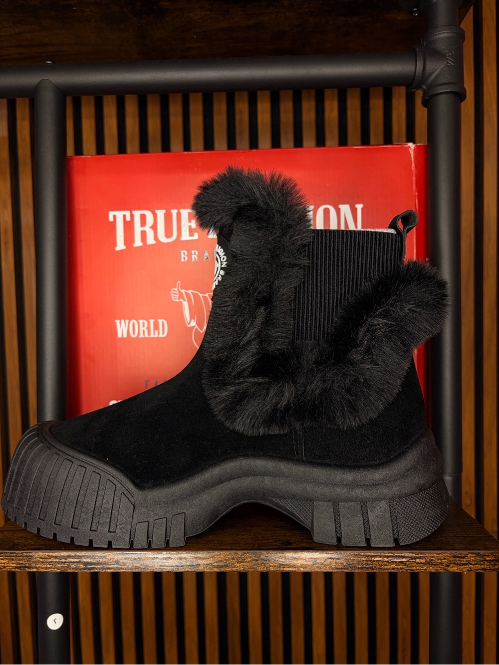 True Religion Black Faux-Fur Platform Chelsea Booties